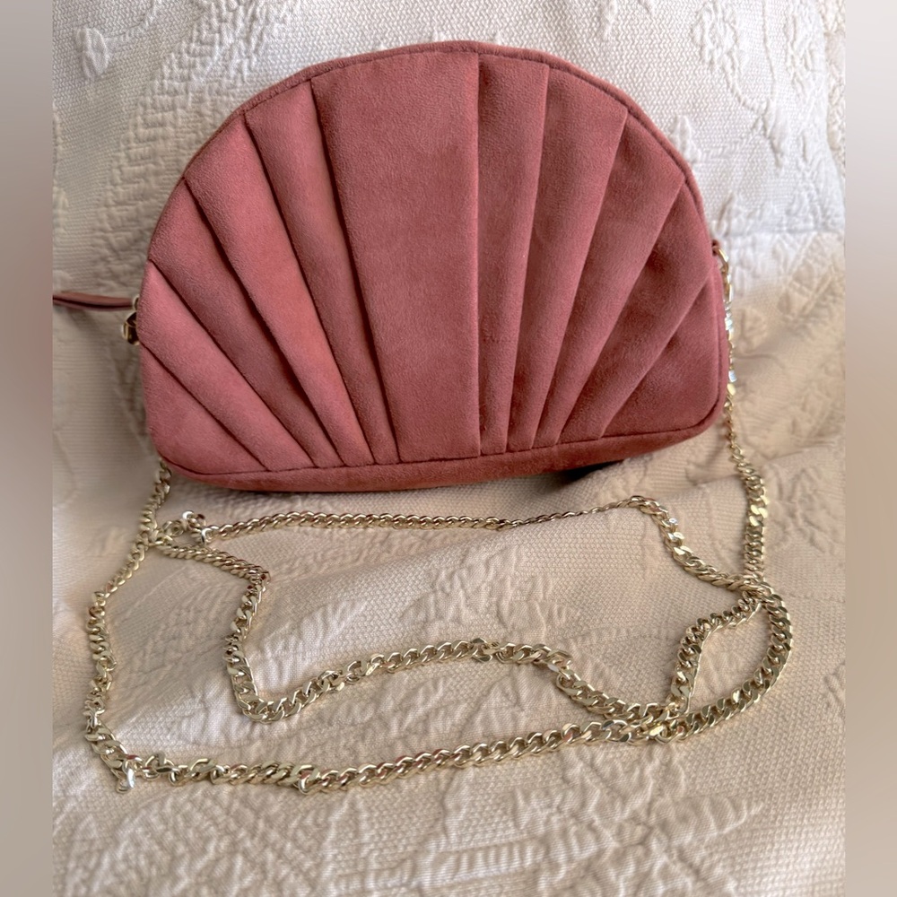 Express Faux suede cross body bag with 23” gold removable chain strap